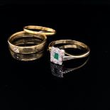 AN 18ct GOLD EMERALD AND DIAMOND RING, TOGETHER WITH AN 18ct GOLD DIAMOND SET BAND BOTH FINGER