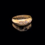 A VICTORIAN 18ct GOLD THREE STONE DIAMOND GYPSY BUMP BAND DATED 1889 CHESTER, FINGER SIZE M.