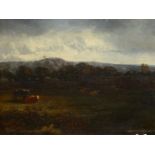 19th.C. CONTINENTAL SCHOOL. CATTLE IN A BARBIZON LANDSCAPE. OIL ON PANEL, UNFRAMED. 25 x 31cms.