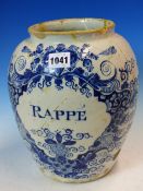 AN 18th C. DUTCH DELFT BLUE AND WHITE TOBACCO JAR WITH TWO BRASS COVERS, THE OVOID BODY INSCRIBED