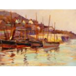 A DECORATIVE OIL PAINTING OF FISHING BOATS. SIGNED, OIL ON BOARD. 28 x 38cms.