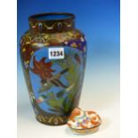 A JAPANESE CLOISONNE VASE WORKED WITH TWO BLUE GROUND PANELS OF BIRDS AND FLOWERS. H 25cms. TOGETHER