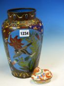 A JAPANESE CLOISONNE VASE WORKED WITH TWO BLUE GROUND PANELS OF BIRDS AND FLOWERS. H 25cms. TOGETHER