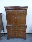 A GEORGIAN BURR WALNUT CABINET ON CHEST, A DRAWER ABOVE THE CABINET DOORS ENCLOSING