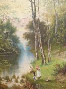 LATE 19th.C. ENGLISH SCHOOL. BY THE RIVER. INDISTINCTLY SIGNED, OIL ON CANVAS. 92 x 71cms.