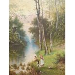 LATE 19th.C. ENGLISH SCHOOL. BY THE RIVER. INDISTINCTLY SIGNED, OIL ON CANVAS. 92 x 71cms.