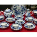 AN 18th/19th C. CHINESE BLUE AND WHITE PART TEA AND COFFEE SERVICE PAINTED WITH A LADY PUNTING HER