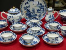 AN 18th/19th C. CHINESE BLUE AND WHITE PART TEA AND COFFEE SERVICE PAINTED WITH A LADY PUNTING HER