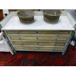 A CONTINENTAL WHITE MARBLE GALLERIED AND TOPPED PINE CHEST OF FOUR DRAWERS PAINTED IN CREAM AND