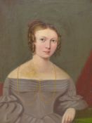 19th.C. NAIVE SCHOOL. PORTRAIT OF A YOUNG LADY. OIL ON CANVAS.