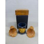 A HENLEY ROYAL REGATTA WASTE PAPER BASKET. H 29cms. A WALNUT BOX. W 40.5cms. AND A PAIR OF SHELL