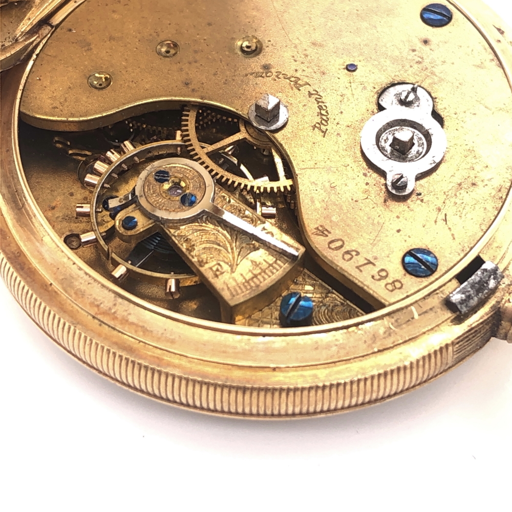 AN 18ct YELLOW GOLD OPEN FACE POCKET WATCH. CASE DIAMETER 42mm, GROSS WEIGHT 67.6grms. - Image 7 of 12