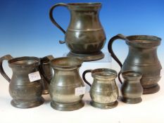 FOURTEEN VARIOUS PEWTER MUGS, A SPIRIT MEASURE, A PLATED SMALL JUG TOGETHER WITH EIGHT TURNED WOOD