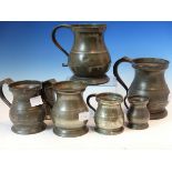 FOURTEEN VARIOUS PEWTER MUGS, A SPIRIT MEASURE, A PLATED SMALL JUG TOGETHER WITH EIGHT TURNED WOOD