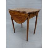 A SMALL GEO III MAHOGANY DROP LEAF PEMBROKE TABLE WITH END DRAWER, STANDING ON SQUARE TAPERED LEGS