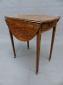 A SMALL GEO III MAHOGANY DROP LEAF PEMBROKE TABLE WITH END DRAWER, STANDING ON SQUARE TAPERED LEGS