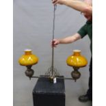 A VICTORIAN STYLE TWIN LIGHT CEILING LIGHT IN THE FORM OF DOUBLE OIL LAMPS. 85cm (W) x 55cm