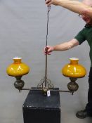A VICTORIAN STYLE TWIN LIGHT CEILING LIGHT IN THE FORM OF DOUBLE OIL LAMPS. 85cm (W) x 55cm