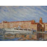 MELLOR. PORTRAIT OF THE MOTOR YACHT 'RAMPAGER', MOORED IN SAINT TROPEZ. OIL ON CANVAS. SIGNED AND