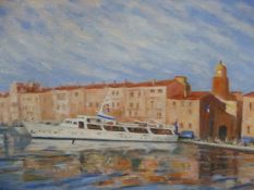 MELLOR. PORTRAIT OF THE MOTOR YACHT 'RAMPAGER', MOORED IN SAINT TROPEZ. OIL ON CANVAS. SIGNED AND