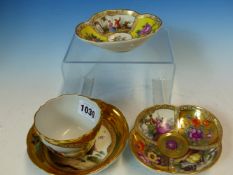 A MEISSEN GOLD GROUND CUP AND SAUCER PAINTED WITH 18th C. COUPLES TOGETHER WITH TWO MEISSEN