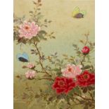 20th.C. ORIENTAL SCHOOL. FLOWERS WITH BUTTERFLIES. OIL ON CANVAS. SIGNED WITH SEAL AND CHARACTERS.