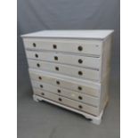 AN EARLY 19th.C. CONTINENTAL PAINTED PINE TWO PART CHEST OF SIX LONG DRAWERS WITH RING HANDLES ON