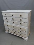 AN EARLY 19th.C. CONTINENTAL PAINTED PINE TWO PART CHEST OF SIX LONG DRAWERS WITH RING HANDLES ON