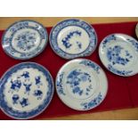 FIVE VARIOUS CHINESE BLUE AND WHITE PLATES, A CANTON CELADON GROUND PLATE AND A GUANGDONG FIGURE