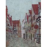 A CONTINENTAL VILLAGE STREET. PRINTED TEXTILE, 91 x 67cms.