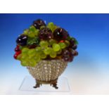 A METAL MOUNTED CLEAR GLASS BEADED BASKET OF COLOURED GLASS FRUITS. H 20cms.