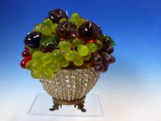 A METAL MOUNTED CLEAR GLASS BEADED BASKET OF COLOURED GLASS FRUITS. H 20cms.