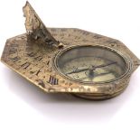 AN EARLY 18TH CENTURY FRENCH BRASS BUTTERFIELD BRASS COMPASS SUNDIAL, WITH FOLDING BIRD GNOMON AND