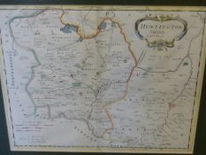 AFTER ROBERT MORDEN. AN ANTIQUE HAND COLOURED MAP OF HUNTINGTONSHIRE, 37 x 43cms.