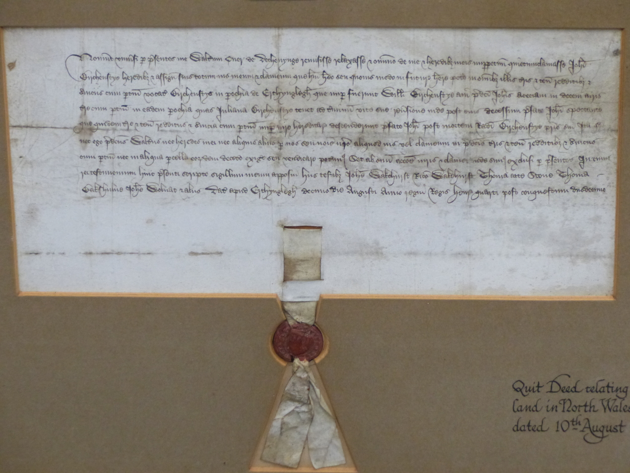 A FRAMED QUIT DEED RELATING TO LAND IN NORTH WALES DATED 10TH AUGUST 1411 AND TIED WITH A RED WAX - Image 2 of 9