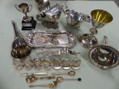 TWO SILVER PLATED WINE FUNNELS, A SHELL FORM SPOON WARMER, CANDLE SNUFFER AND TRAY, A CHALICE, PLACE