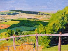 CONTEMPORARY ENGLISH SCHOOL. NEAR BROADWAY TOWER. OIL ON BOARD. 61 x 122cms.