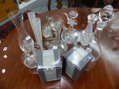 A COLLECTION OF GLASS, TO INCLUDE: THREE EWERS, TWO DECANTERS, A CLARET JUG, DARTINGTON AND OTHER