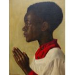 K. BROWNING (20th.C. ENGLISH SCHOOL). ARR. PORTRAIT OF A WEST INDIAN BOY. SIGNED, OIL ON BOARD,