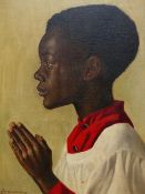 K. BROWNING (20th.C. ENGLISH SCHOOL). ARR. PORTRAIT OF A WEST INDIAN BOY. SIGNED, OIL ON BOARD,