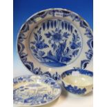 AN 18th C. DUTCH DELFT BLUE AND WHITE FLORAL DISH. Dia. 34cms. A WEDGWOOD BLUE AND WHITE PRINTED