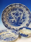 AN 18th C. DUTCH DELFT BLUE AND WHITE FLORAL DISH. Dia. 34cms. A WEDGWOOD BLUE AND WHITE PRINTED