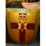 A LARGE MIDLAND-ULSTER CLUB HAND PAINTED SHIELD, IN BESPOKE WOODEN PROTECTIVE CASE. 60 x 85cms.