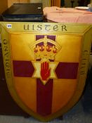 A LARGE MIDLAND-ULSTER CLUB HAND PAINTED SHIELD, IN BESPOKE WOODEN PROTECTIVE CASE. 60 x 85cms.