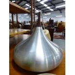 A MID CENTURY ONION FORM ALUMINIUM AND TEAK HANGING LIGHT FITTING TOGETHER WITH TWO FURTHER LAMPS