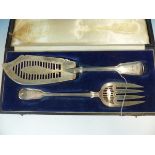 TWO VICTORIAN HALLMARKED SILVER FISH SERVERS CASED TOGETHER DATED 1872- AND 1887. WEIGHT 343grms.
