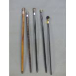 THREE WALKING CANES WITH HALLMARKED SILVER HANDLES, ANOTHER WITH PLATED HEAD AND THE LAST WITH A