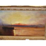 EARLY 20th.C. ENGLISH SCHOOL. LOW TIDE AT SUNSET. INITIALLED F.J.M. OIL ON CANVAS. 23 x 36cms.