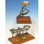TWO LETTER SCALES, THAT WITH WOODEN BASE WITH THREE BRASS WEIIGHTS, THE OTHER ON LEATHER BASE WITH A