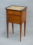 A LATE 19th.C. FRENCH SIDE CABINET, THE PUDDING STONE TOP WITH THREE QUARTER GALLERY OVER A DRAWER